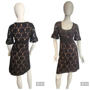 Ann Taylor Loft Black Lace Shift Empire Dress Scoop Neck Trumpet Sleeve Floral